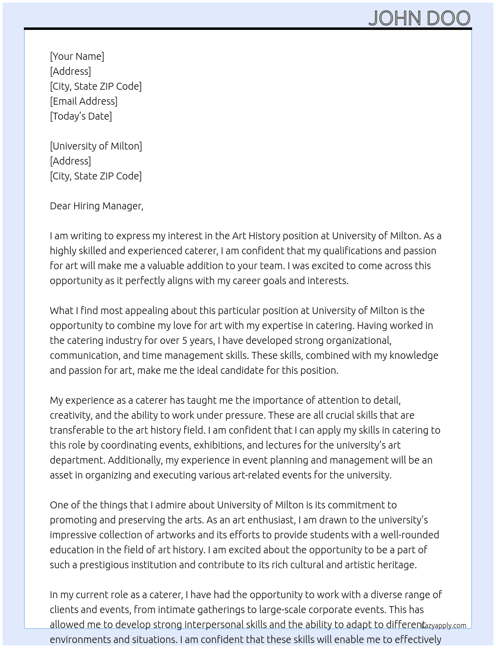 Art History At University of Milton Cover Letter