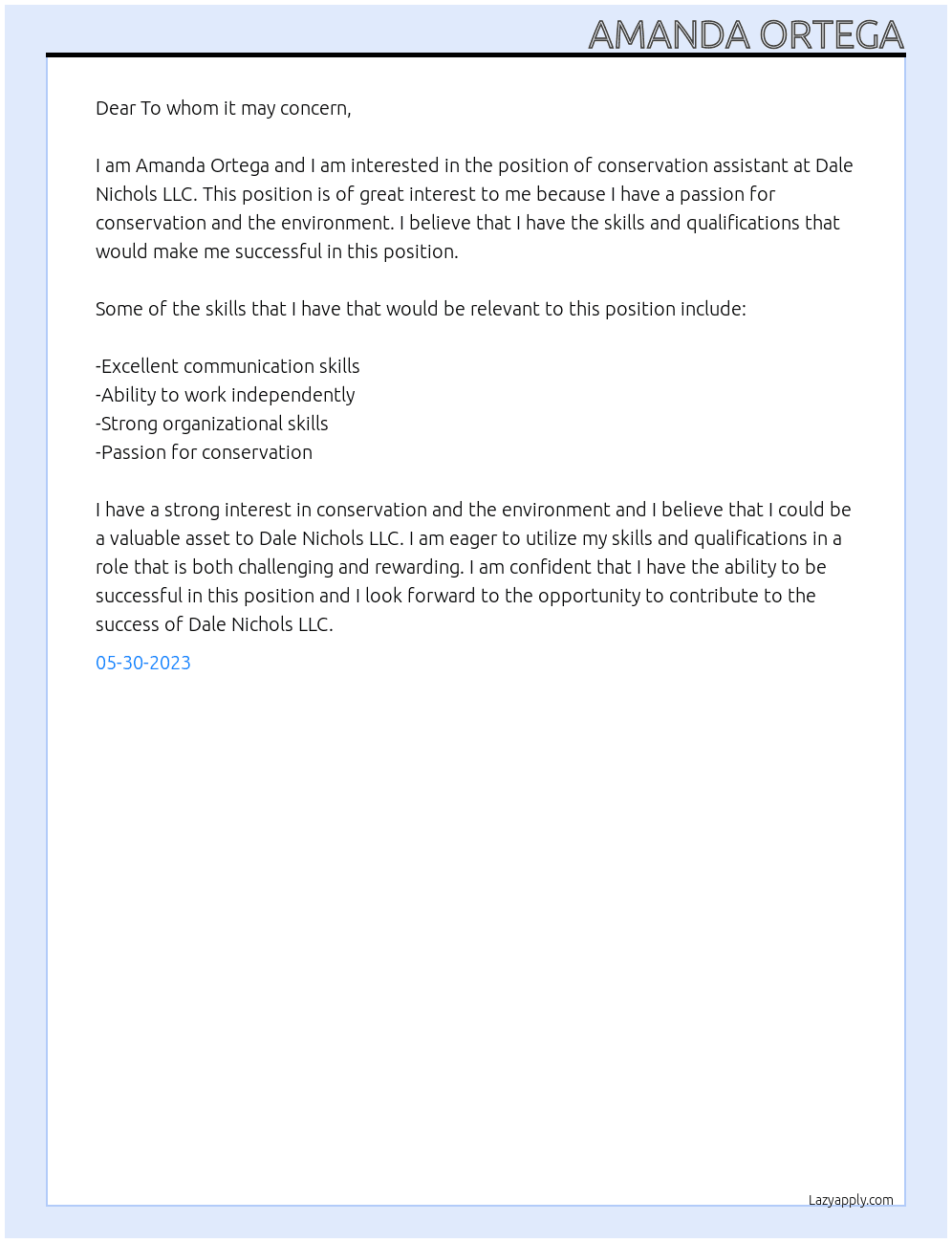 conservation assistant At Dale Nichols LLC Cover Letter