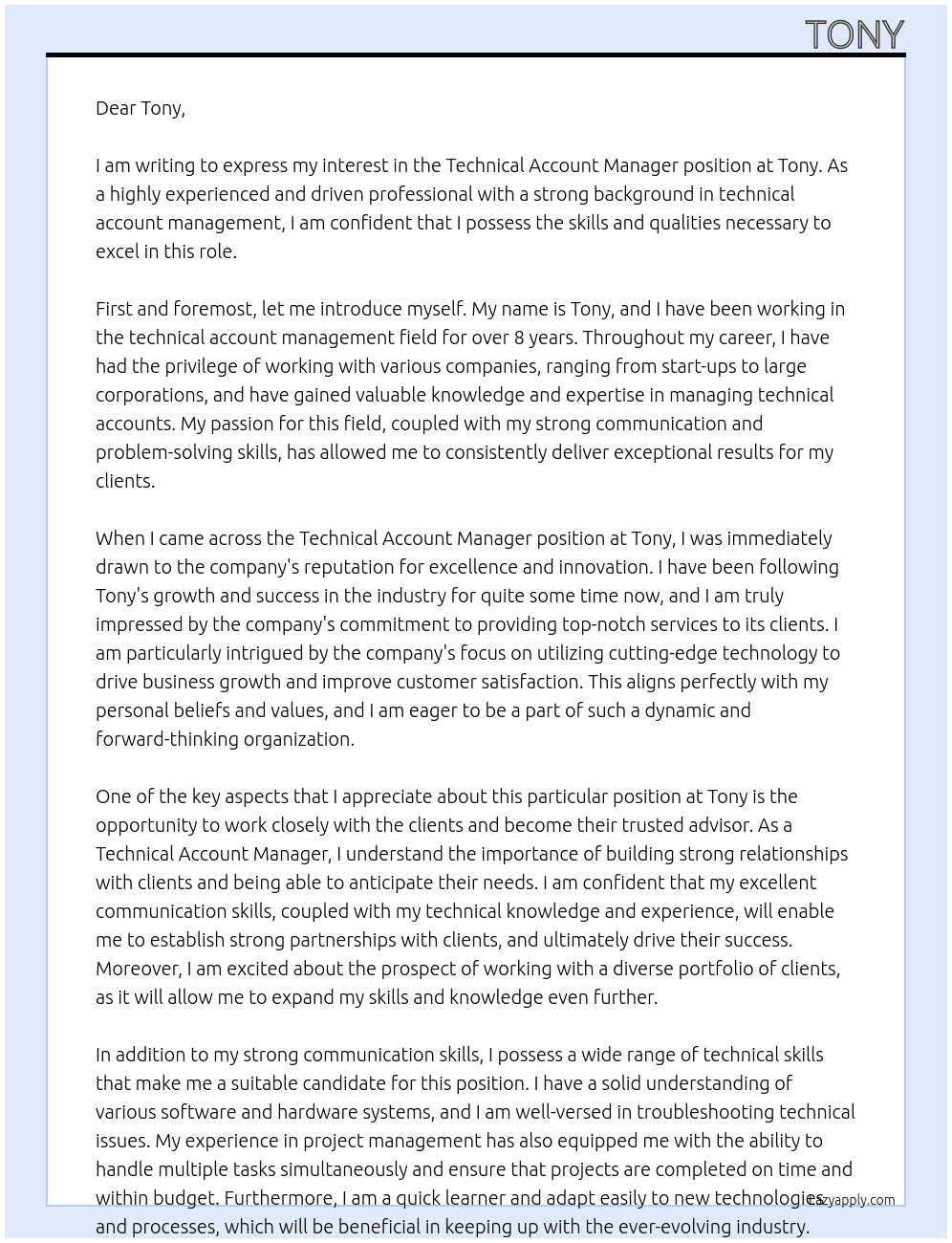 Technical Account Manager At tony Cover Letter