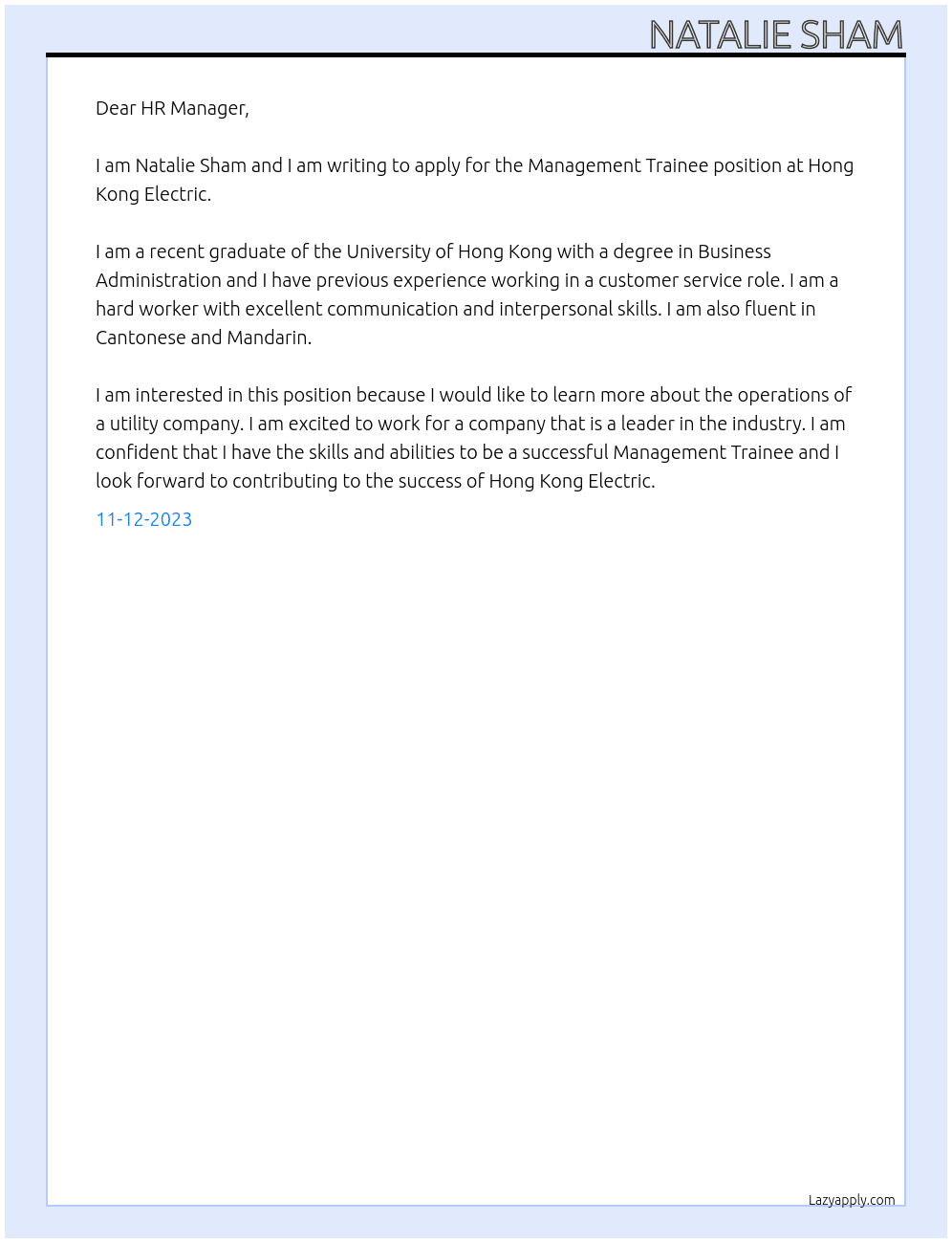 Management Trainee  At Hong Kong Electric  Cover Letter