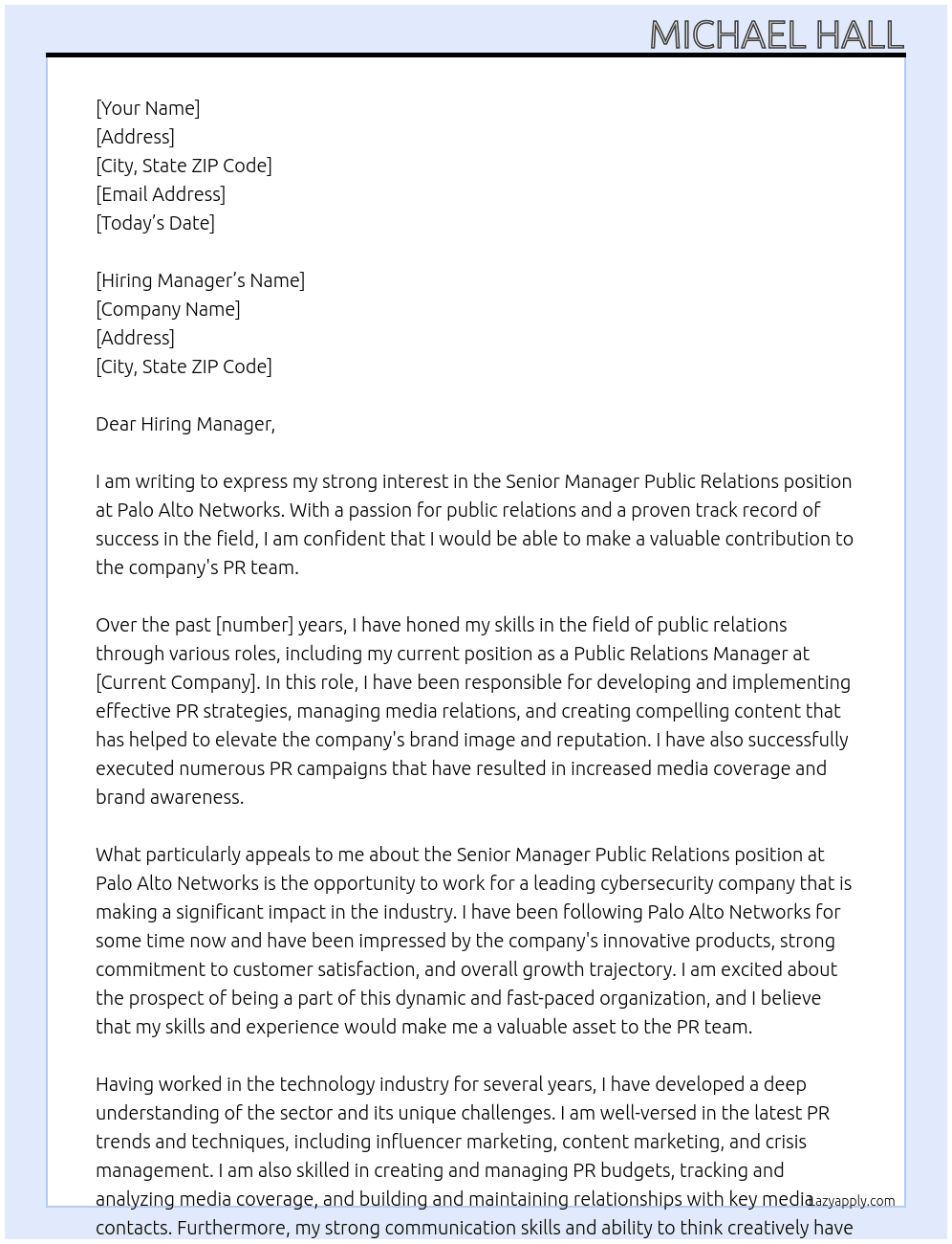 senior manager public relations At Palo Alto Networks Cover Letter