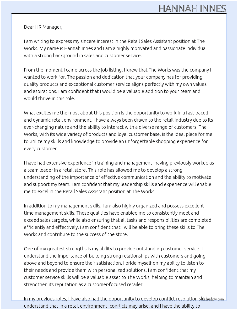 Retails sales assistant  At The works Cover Letter