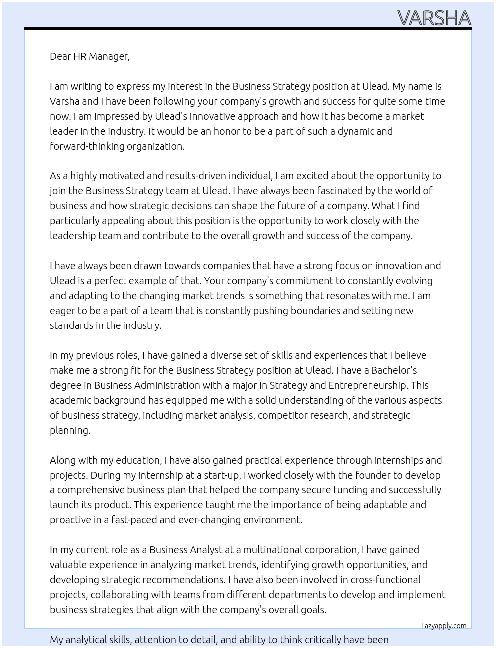 Business Strategy At Ulead Cover Letter
