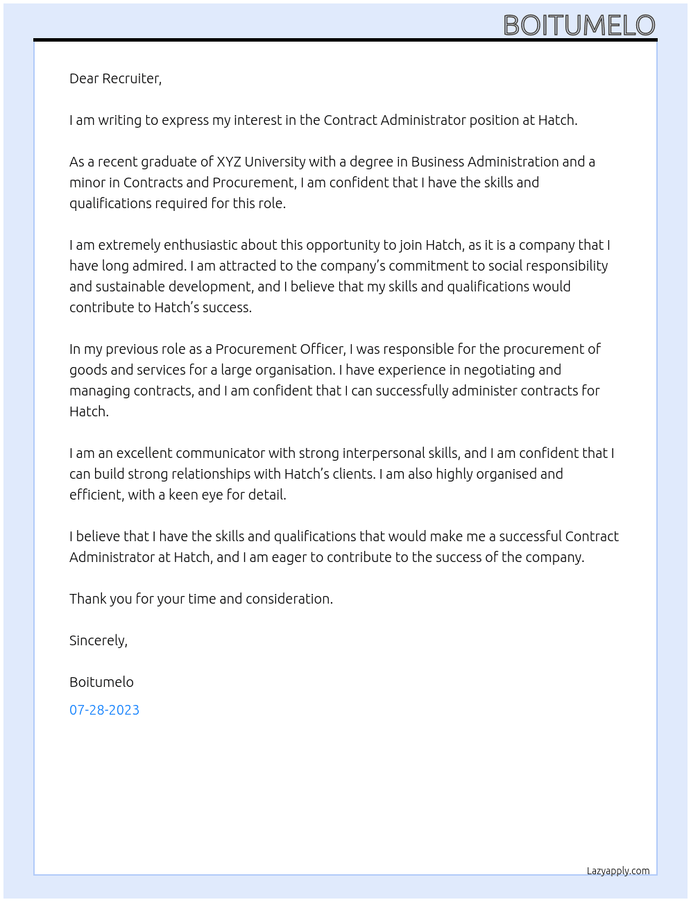Contract Administrator At Hatch Cover Letter