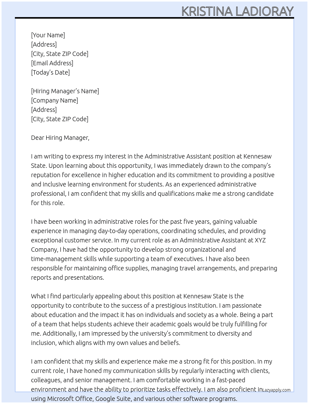 Administrative Assistant At kennesaw state Cover Letter
