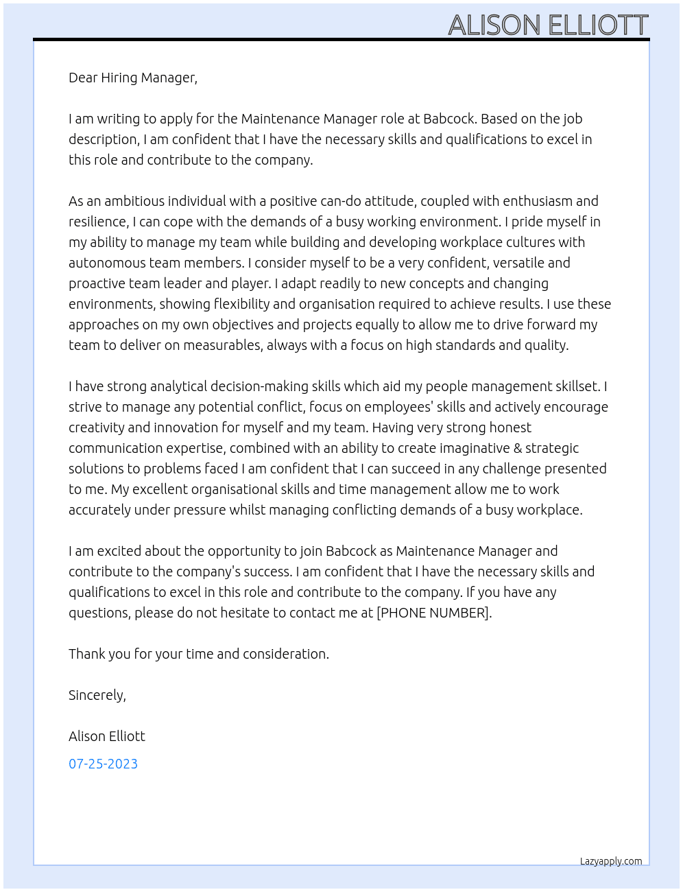 Maintenance  Manager At Babcock Cover Letter