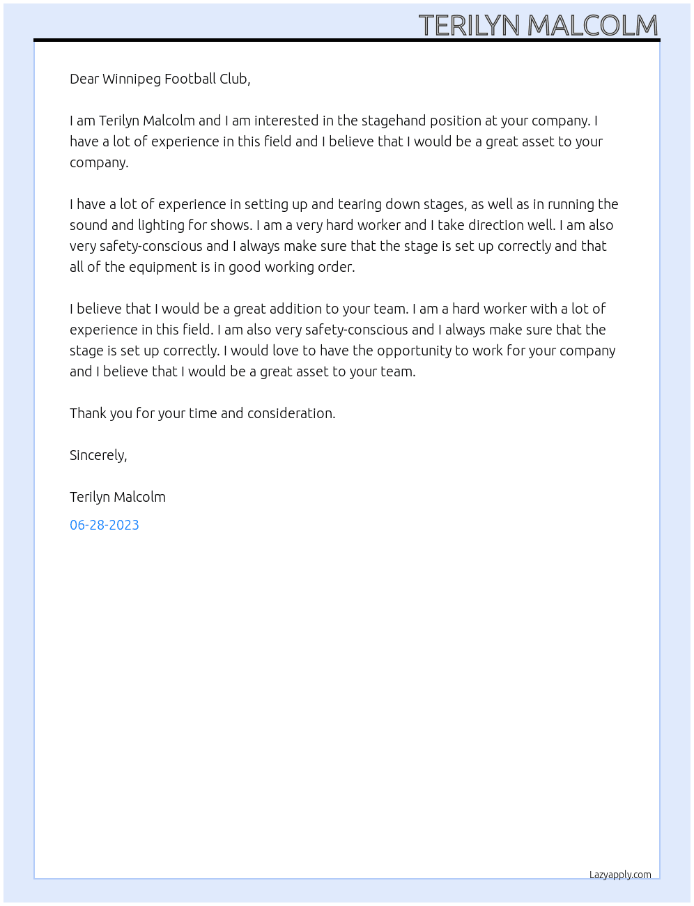 Stagehand At Winnipeg Football Club Cover Letter