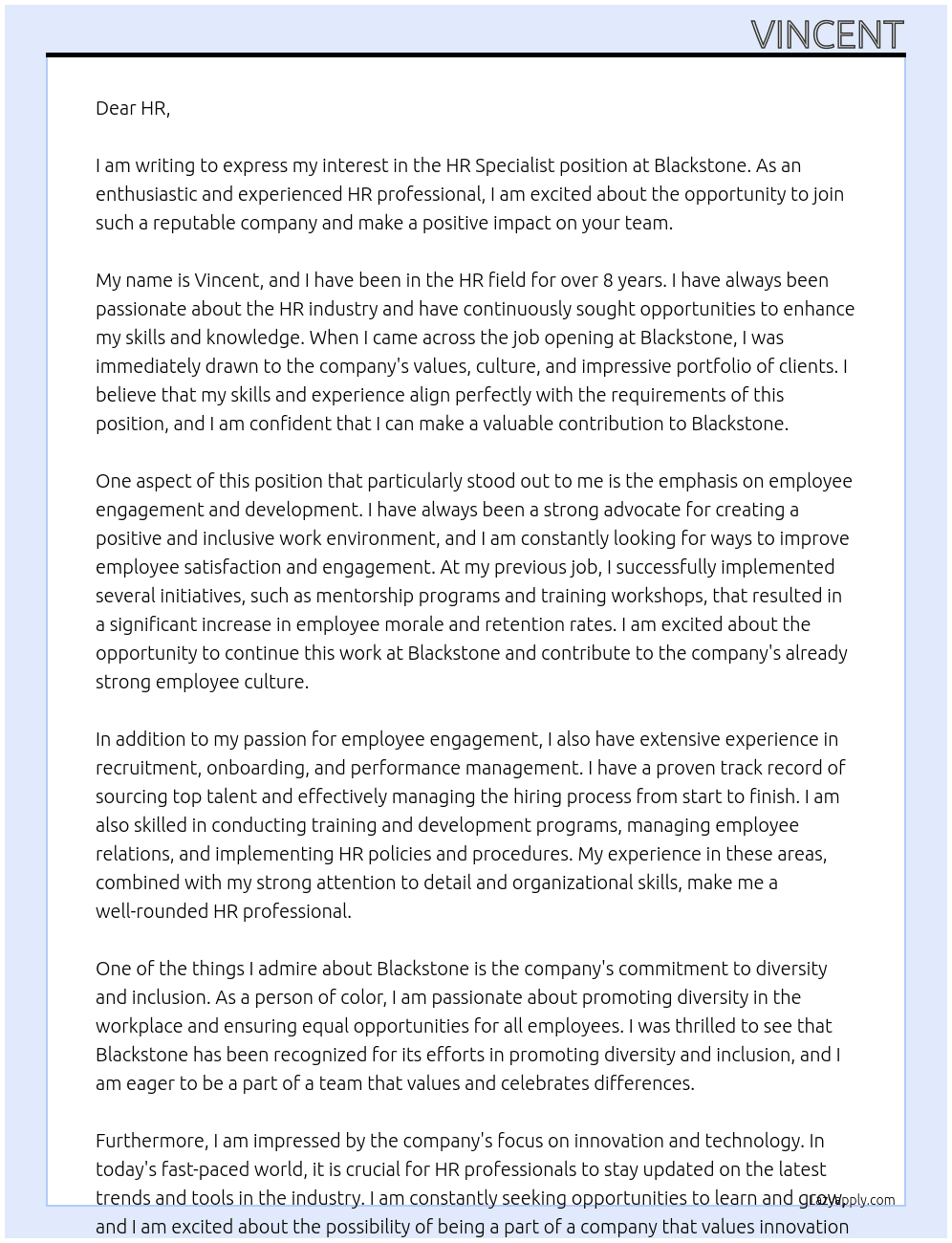 hr specialist  At Blackstone Cover Letter