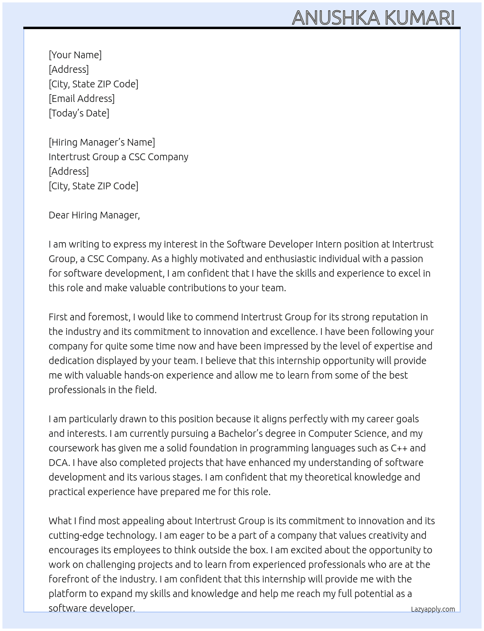 Software Developer Intern At Intertrust Group a CSC Company  Cover Letter