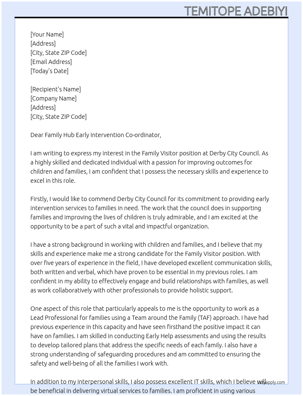 Family Visitor At Derby City Council Cover Letter