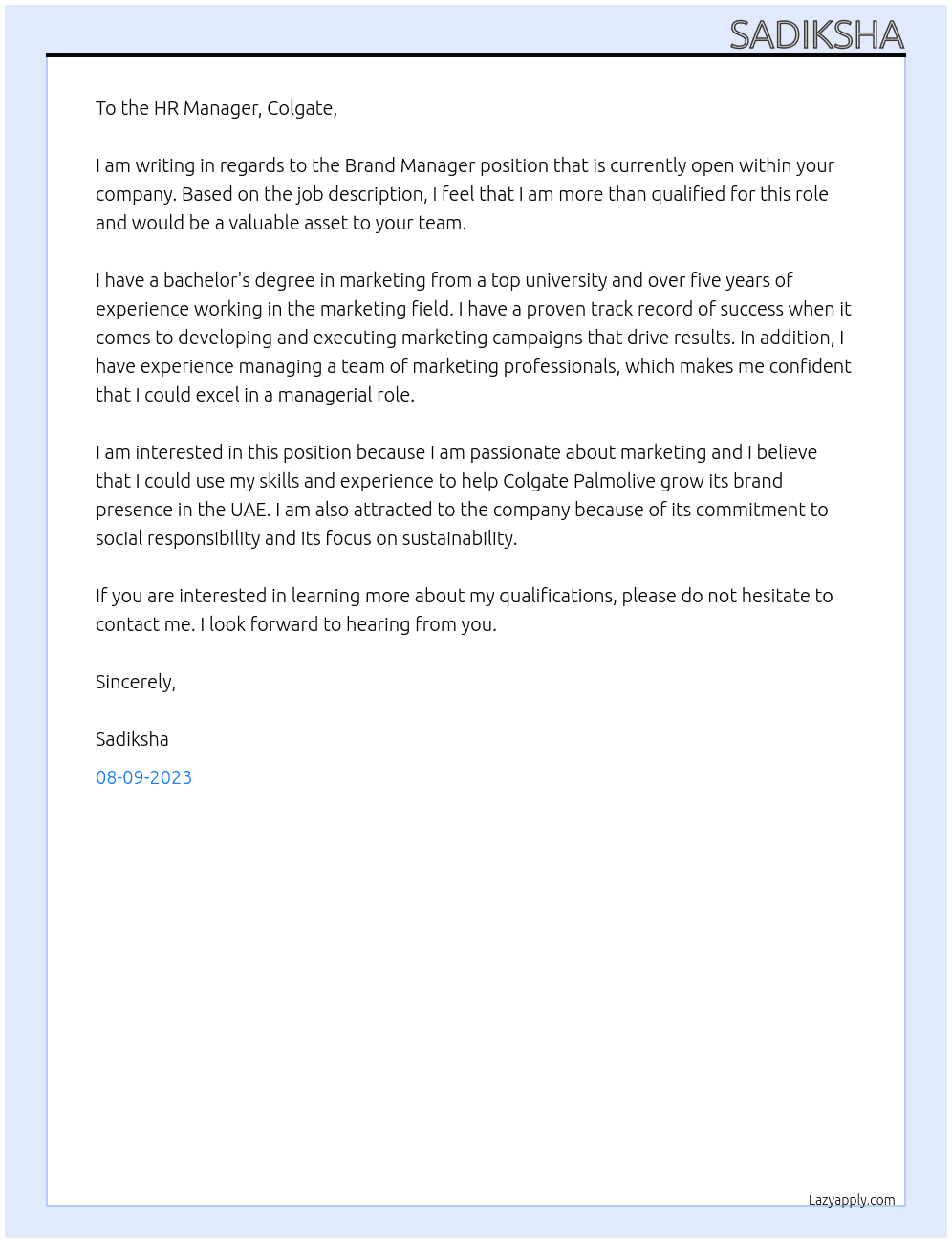 Brand Manager At Colgate Palmolive Cover Letter