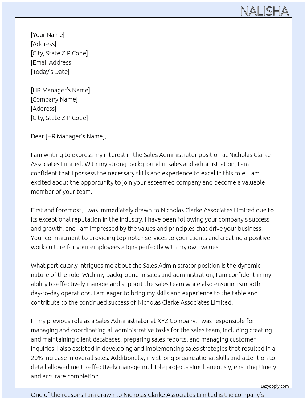 Sales administrator  At Nicholas Clarke Associates Limited Cover Letter