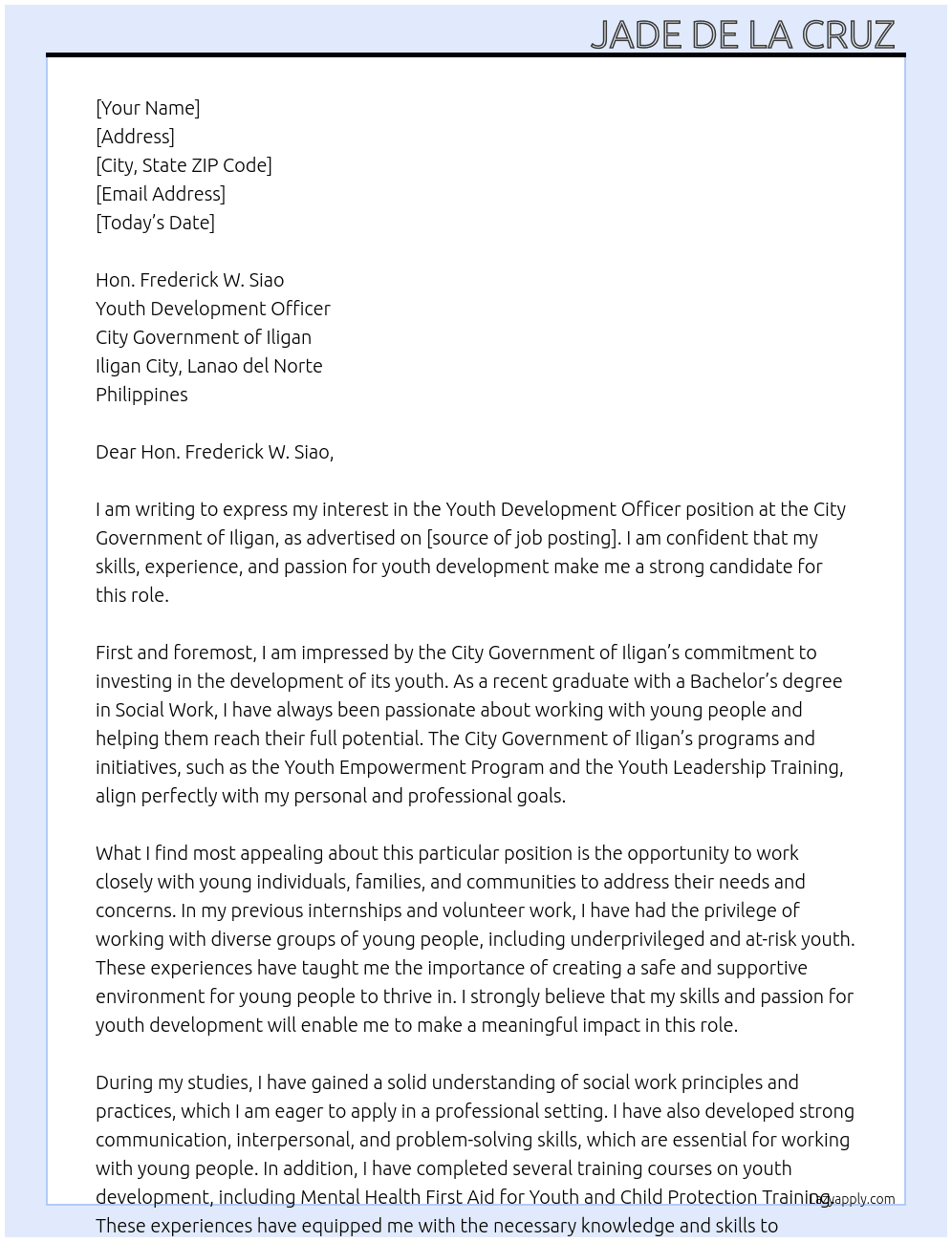 Youth Development officer  At City Government of Iligan Cover Letter