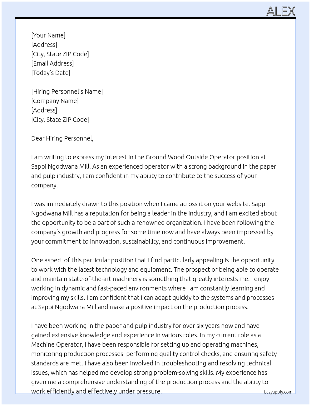 Ground wood Outside Operator At Sappi Ngodwana Mill Cover Letter