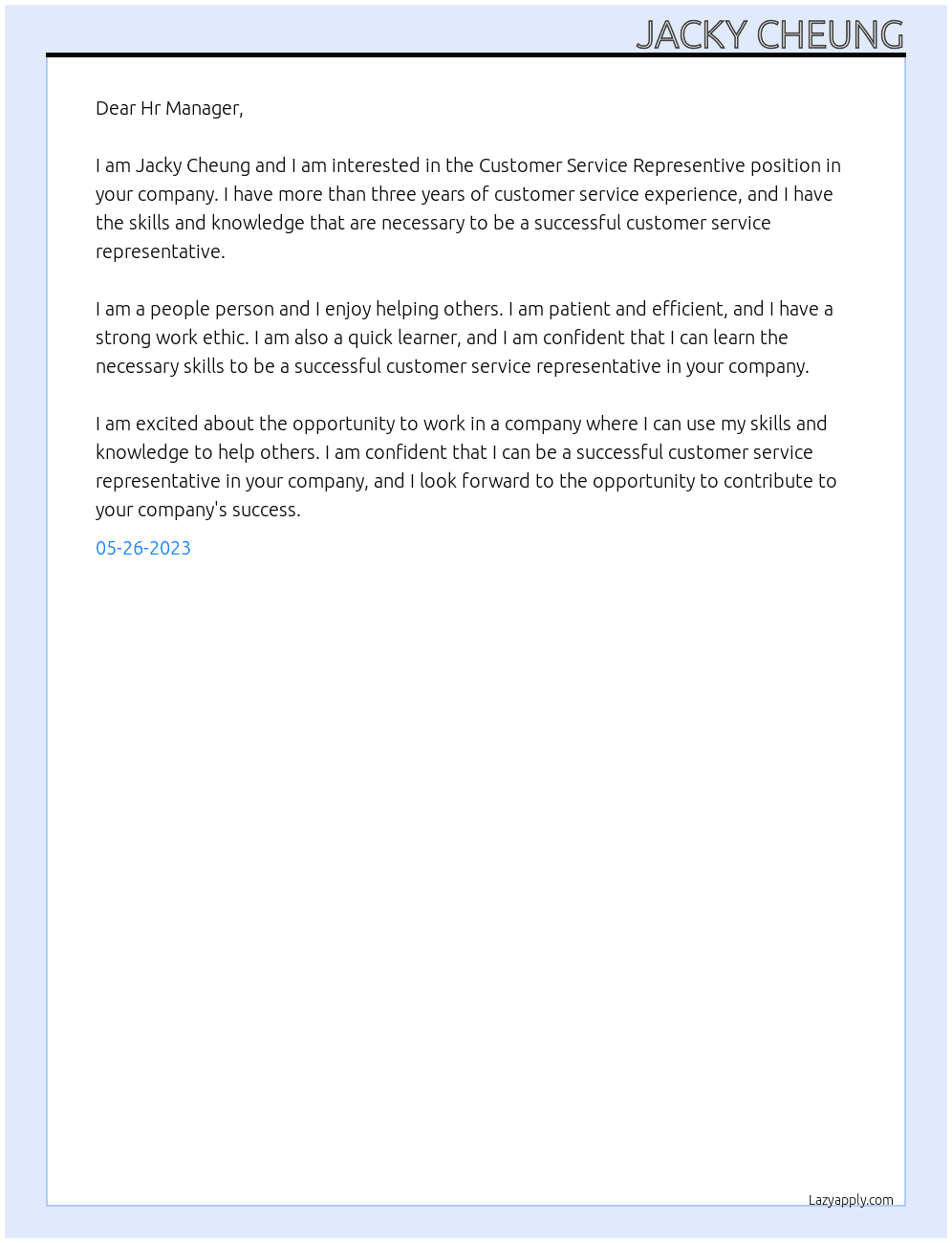 Customer Service Representive At company Cover Letter