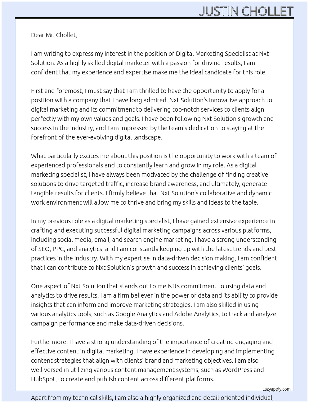 Digital Marketing Specialist At Nxt Solution Cover Letter