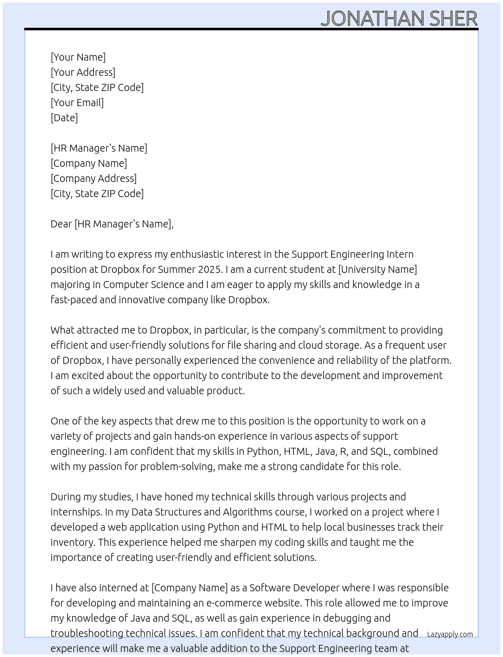 Support Engineering Intern (Summer 2025) At Dropbox Cover Letter