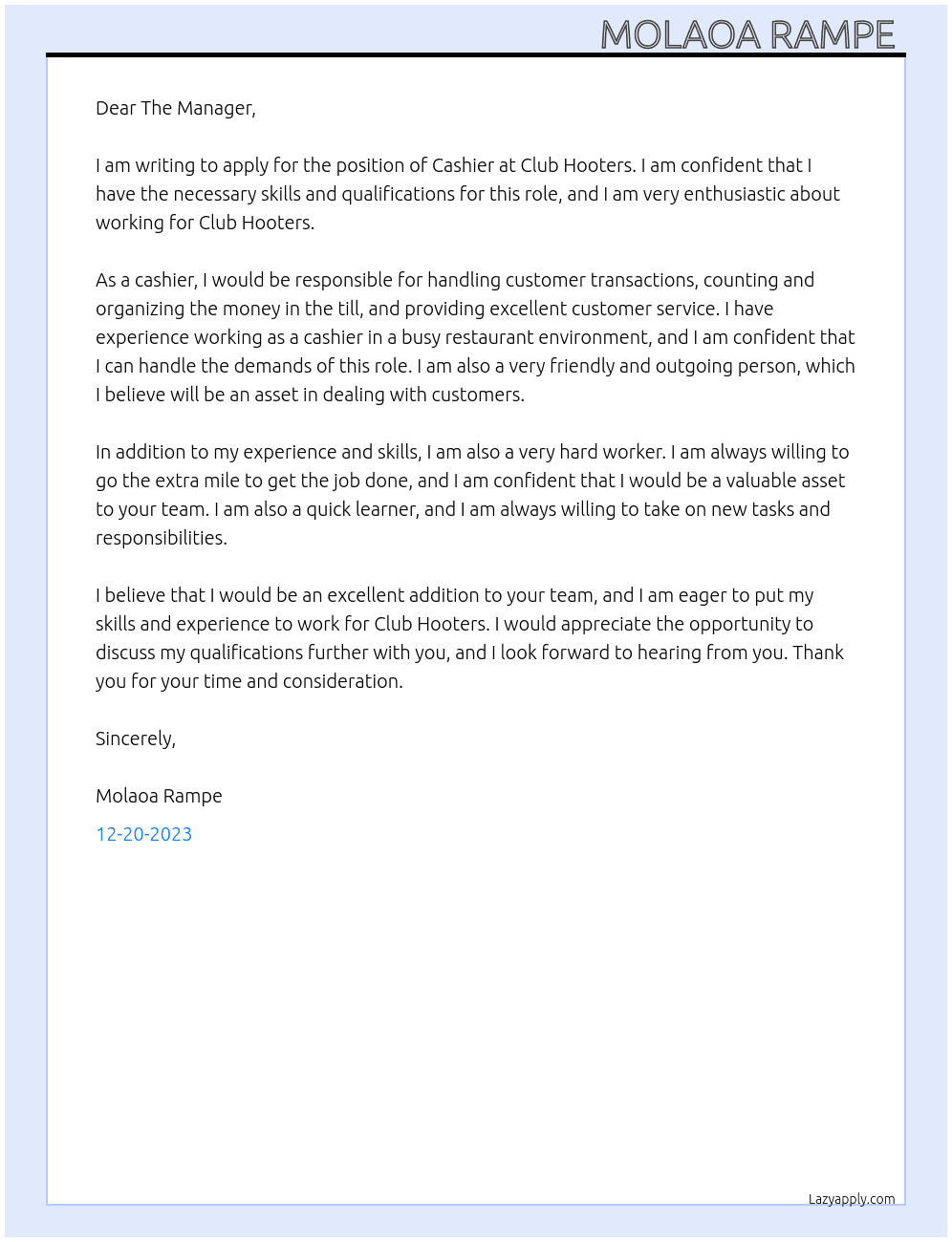 Cashier  At Club Hooters Cover Letter