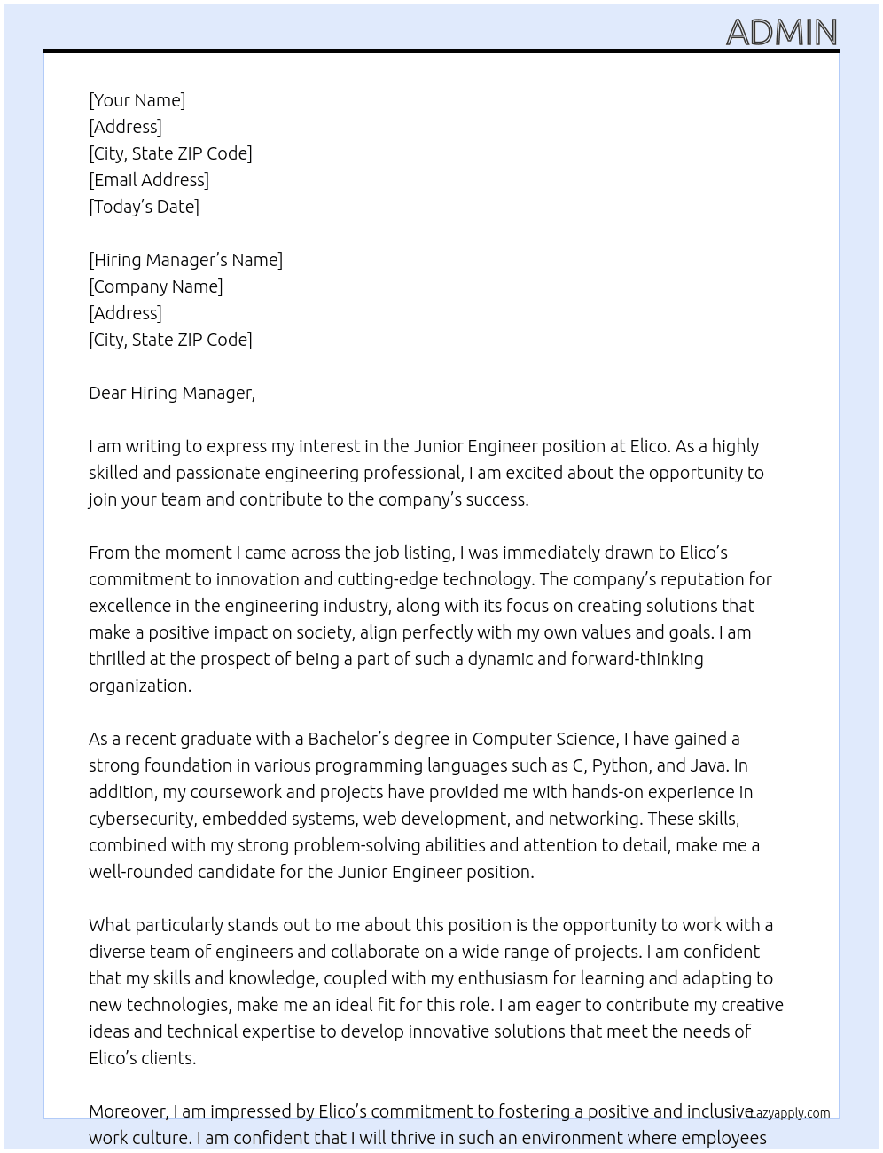 Junior Engineer  At Elico Cover Letter