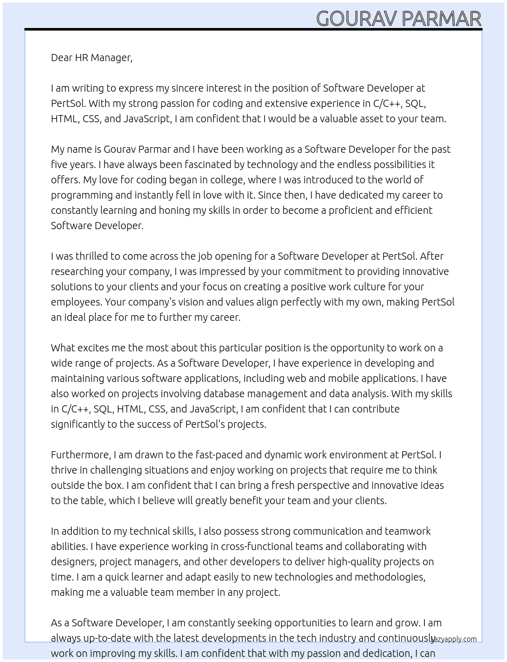 Software Developer At PertSol Cover Letter