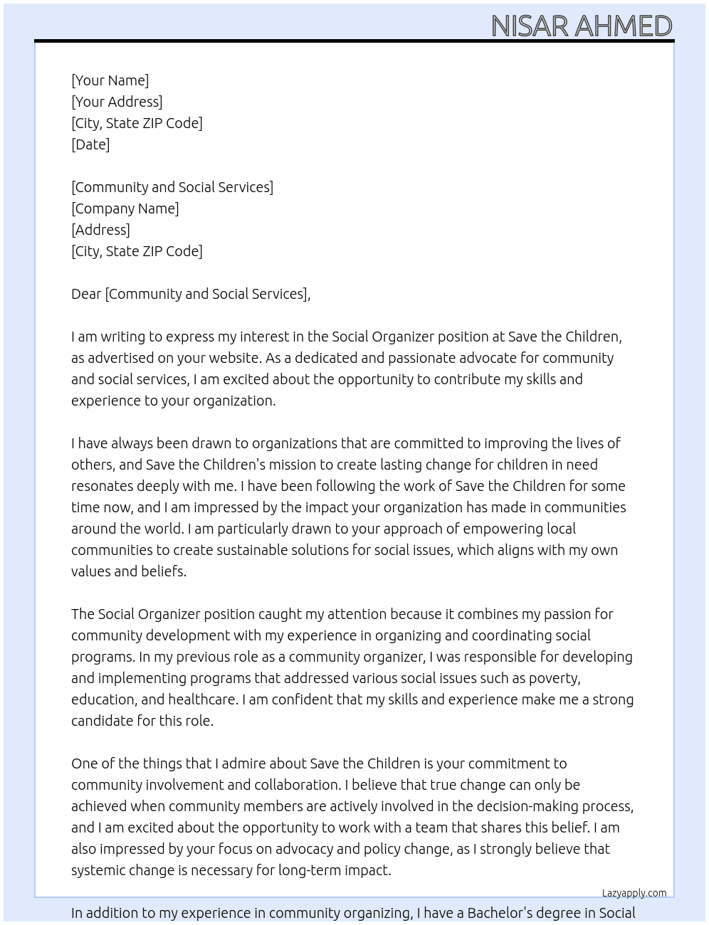 Social organizer At Save the children Cover Letter