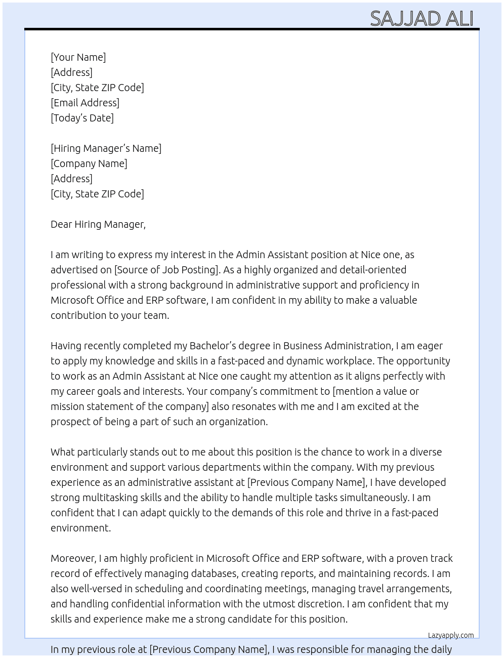 Admin assistant At Nice one Cover Letter