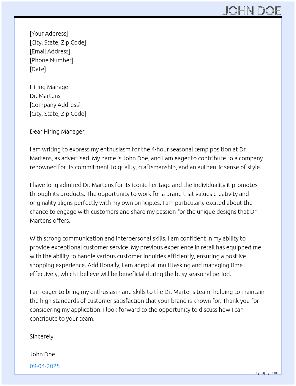4 hour seasonal temp At dr martens Cover Letter