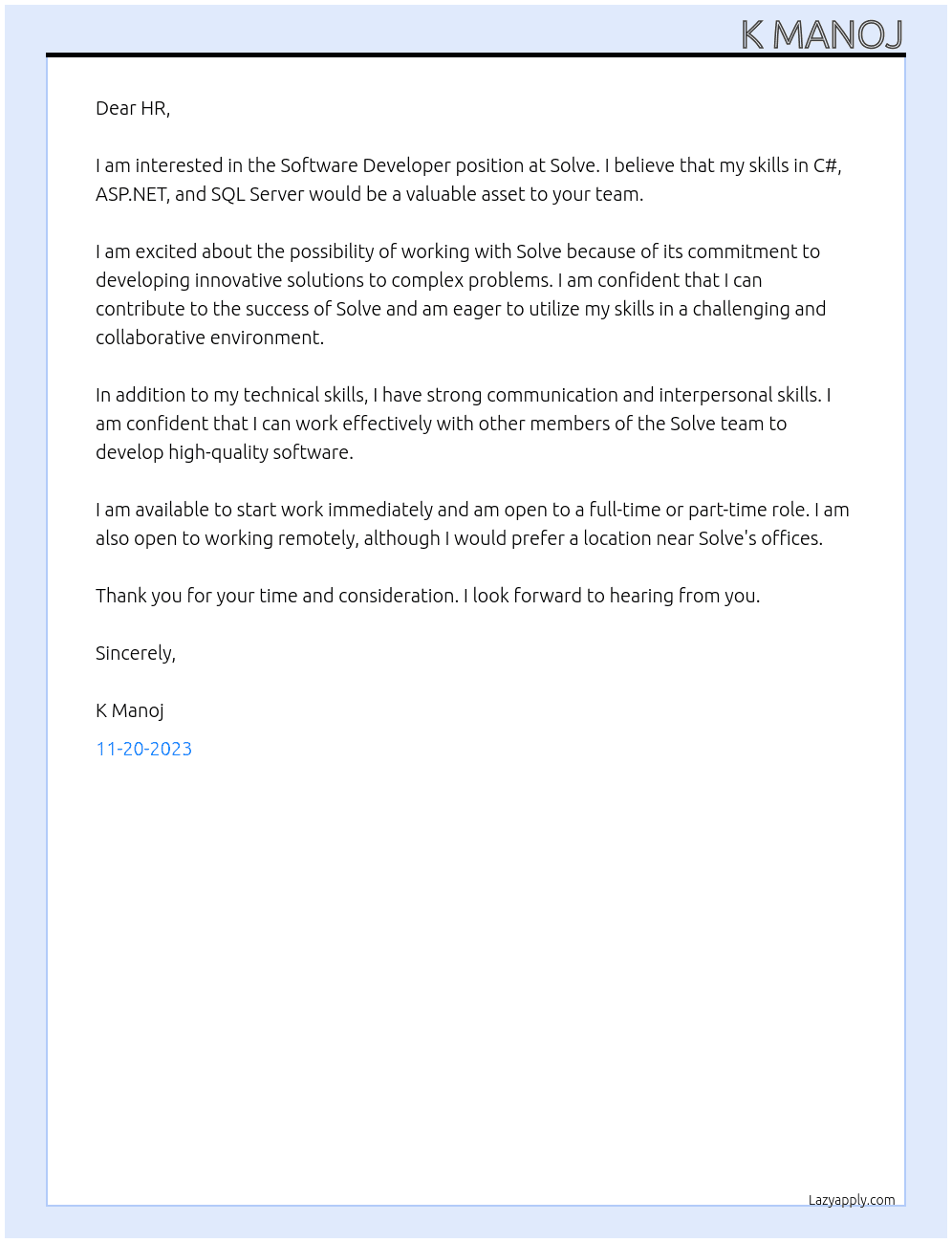 Software Developer  At Solve Cover Letter