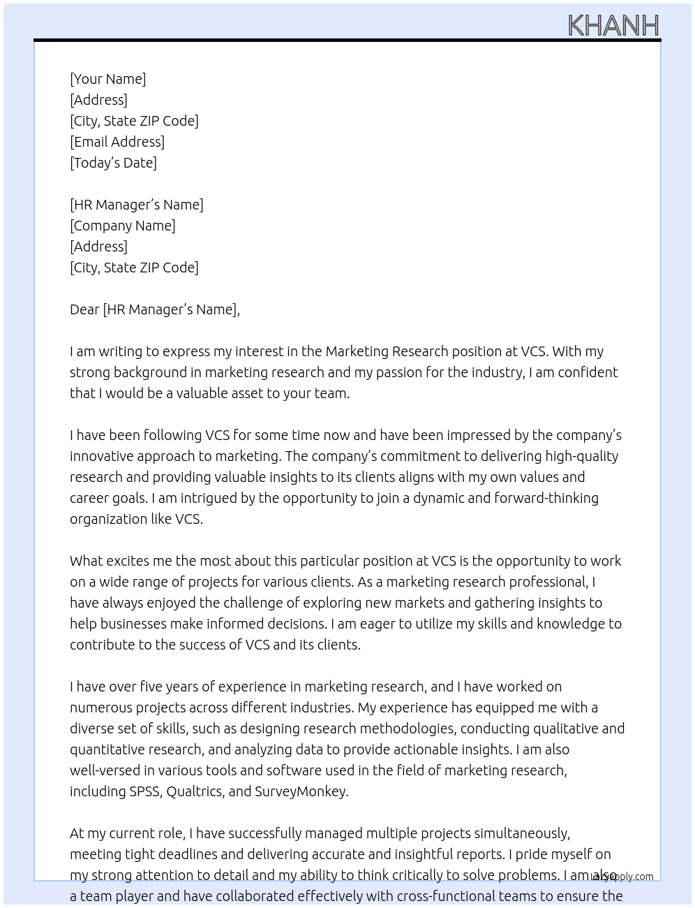 Marketing research At VCS Cover Letter