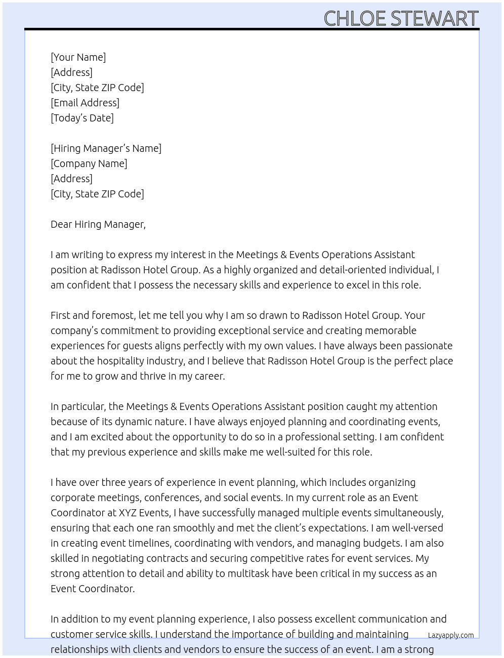 Meetings & Events Operations Assistant At Radisson Hotel Group Cover Letter