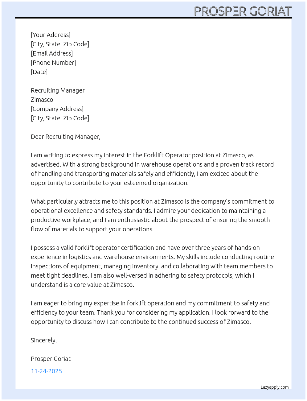 Forklift Operator At Zimasco Cover Letter