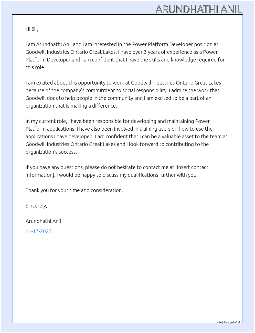 Power Platform Developer At Goodwill Industries Ontario Great Lakes Cover Letter