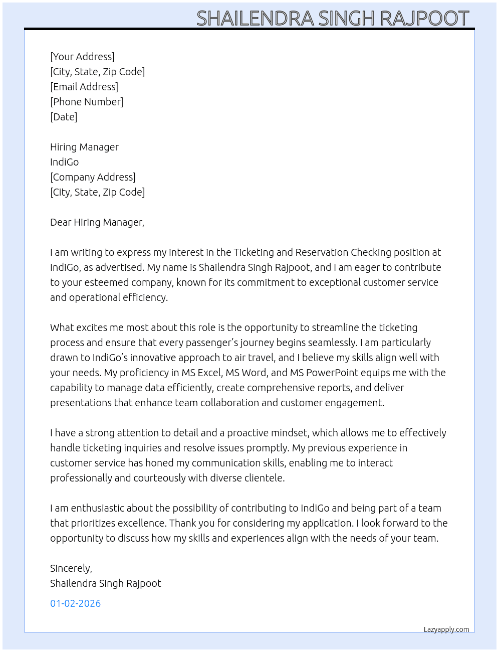 Cover letter for ticketing and reservation checking - LazyApply