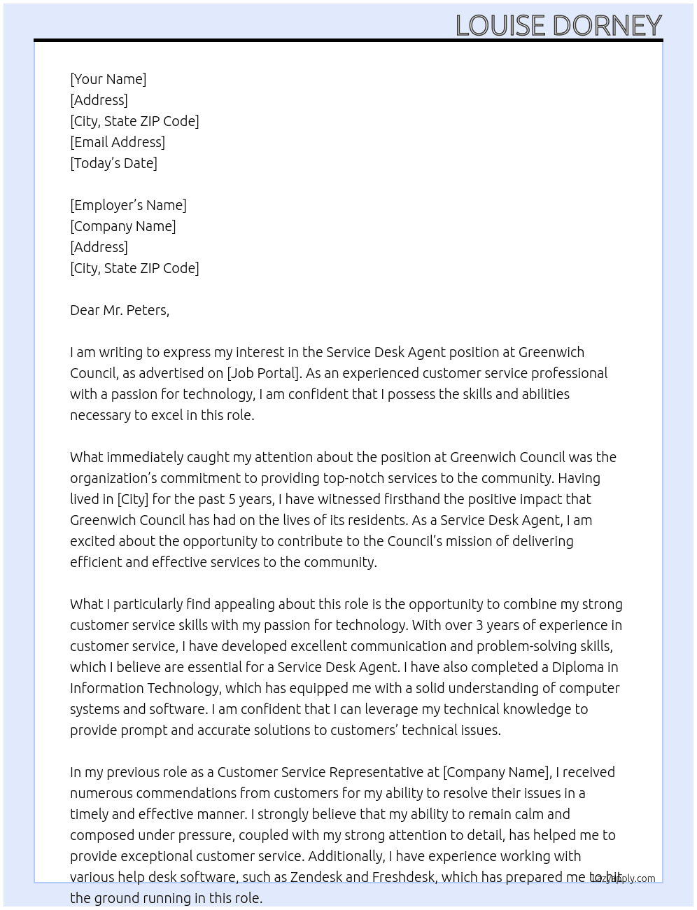 Service Desk Agent At Greenwich Council Cover Letter
