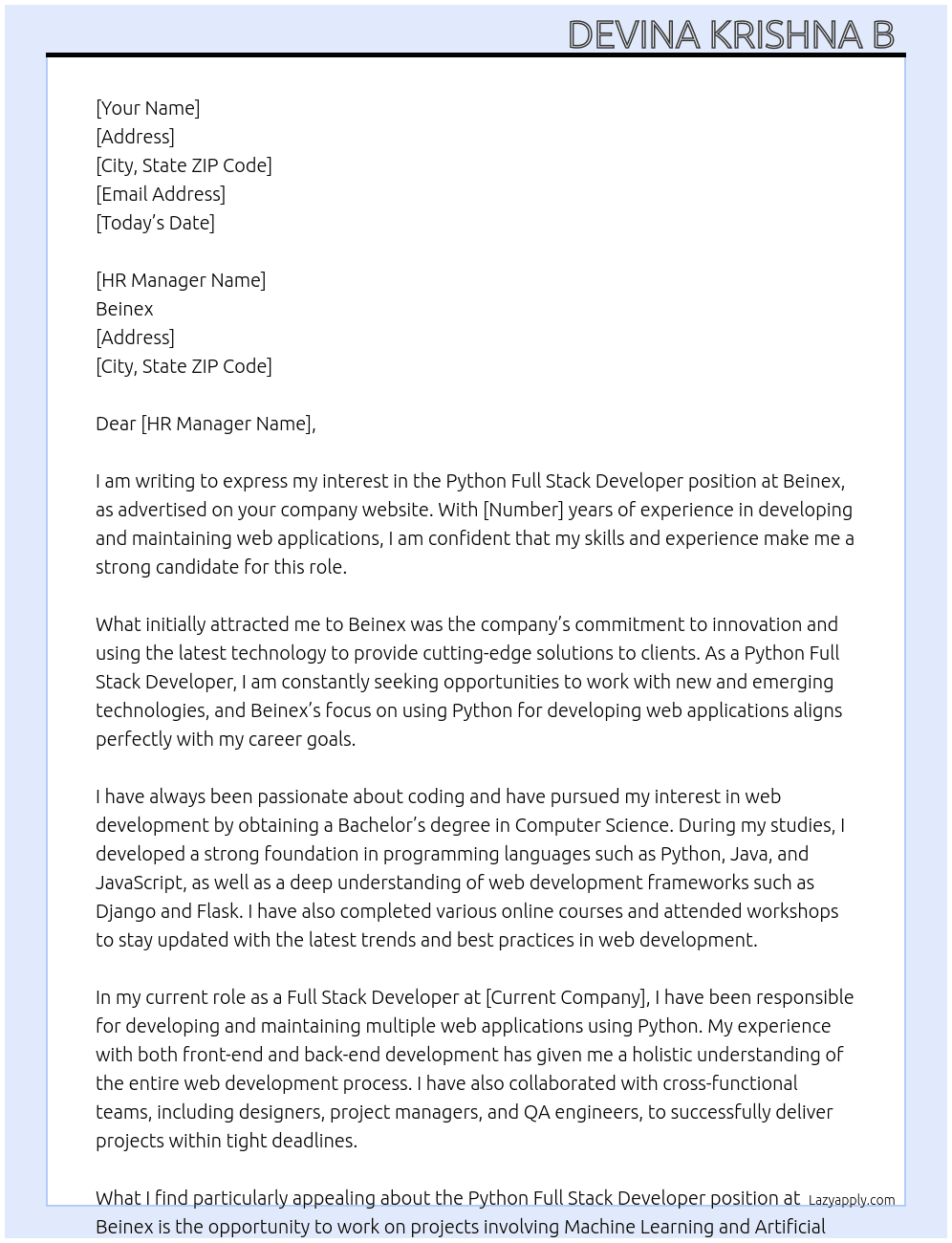 Python Full Stack Developer  At Beinex Cover Letter