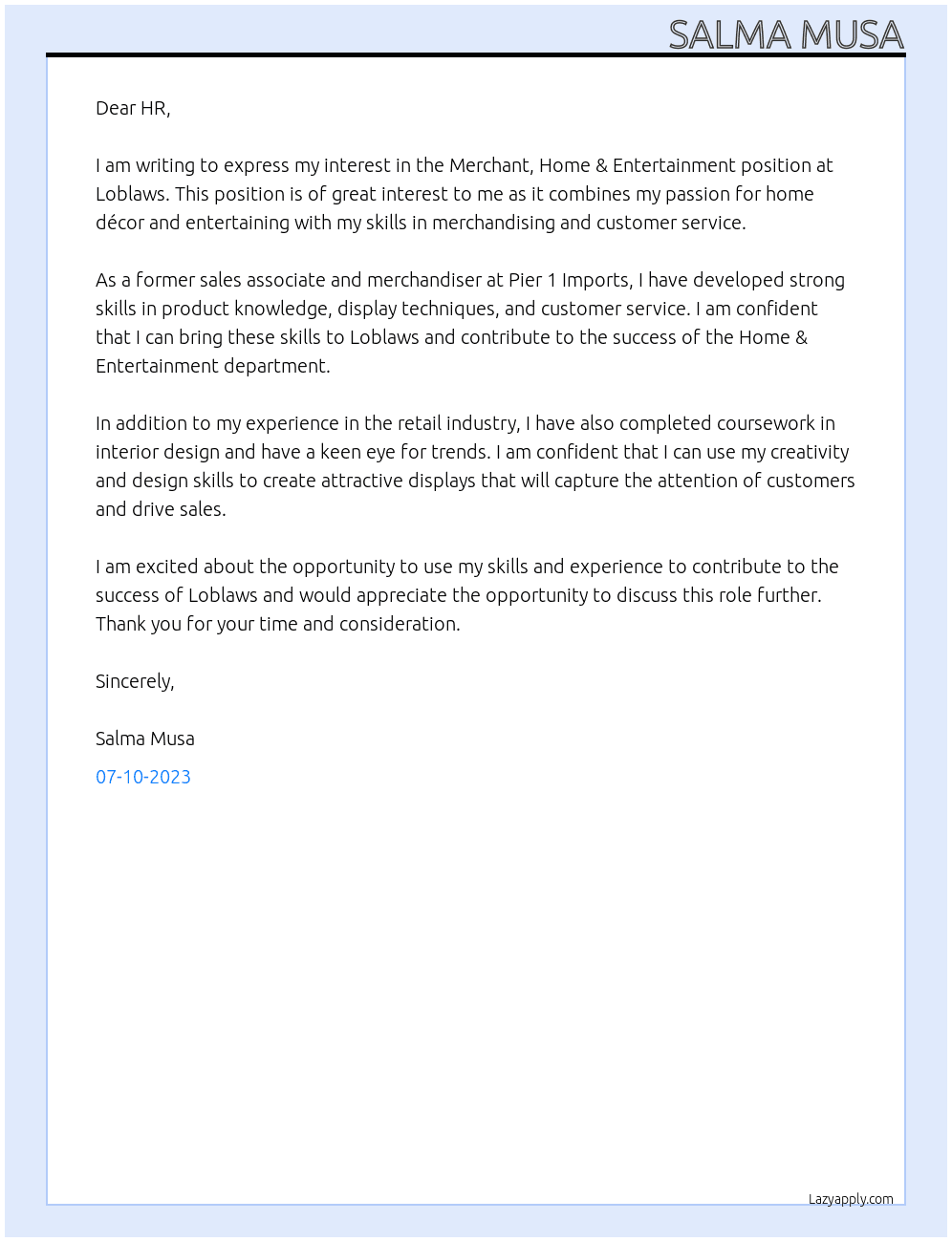 Merchant, Home & Entertainment At Loblaws Cover Letter