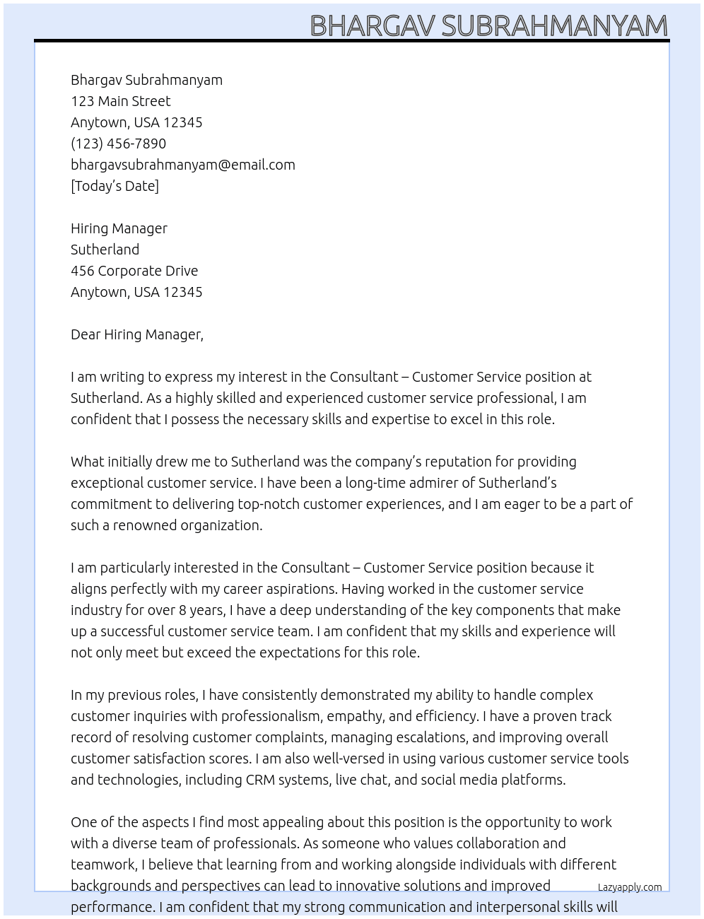Consultant - Customer Service At Sutherland Cover Letter
