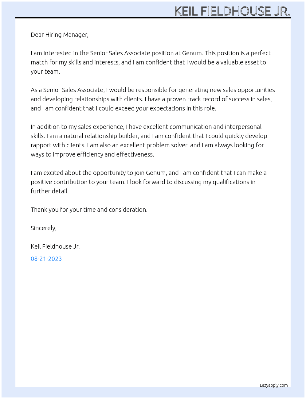 Senior sales Associate At Genum Cover Letter