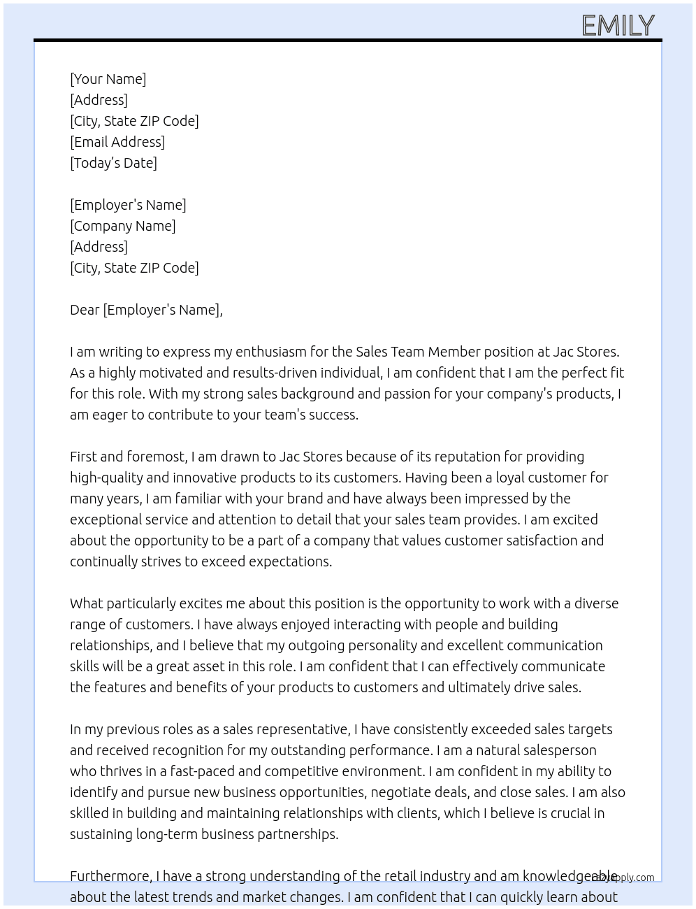 Sales team member  At Jac stores  Cover Letter