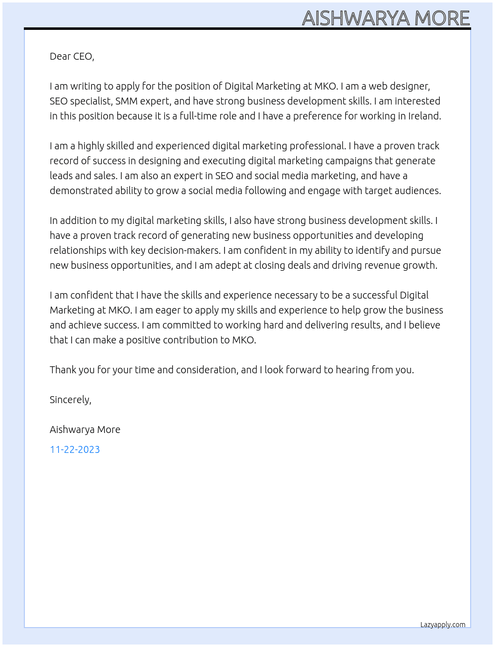 Digital Marketing At MKO Cover Letter