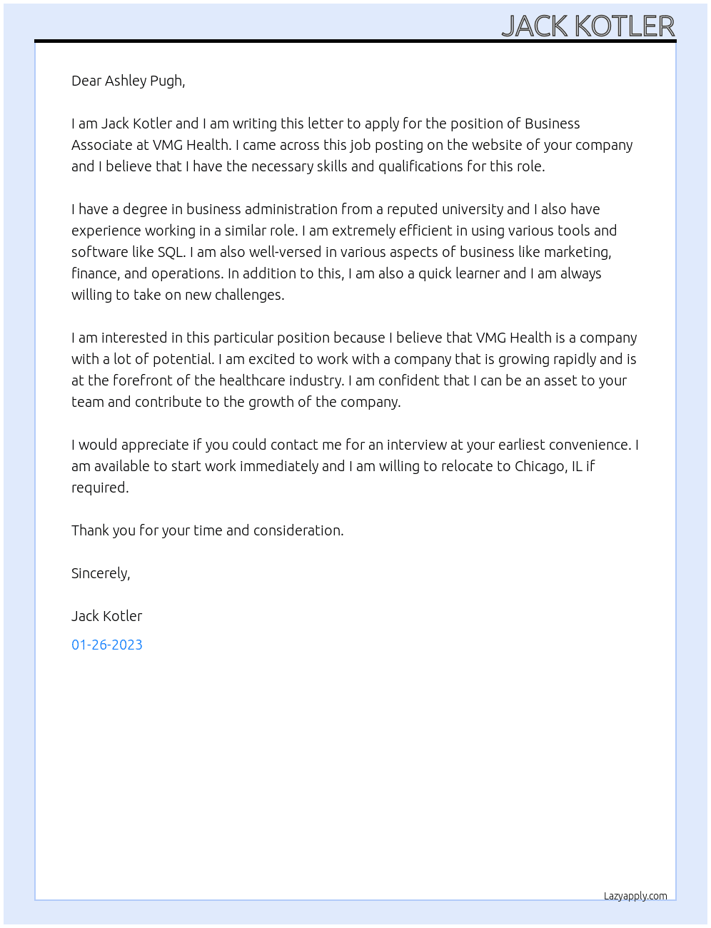 Business Associate At VMG Health Cover Letter
