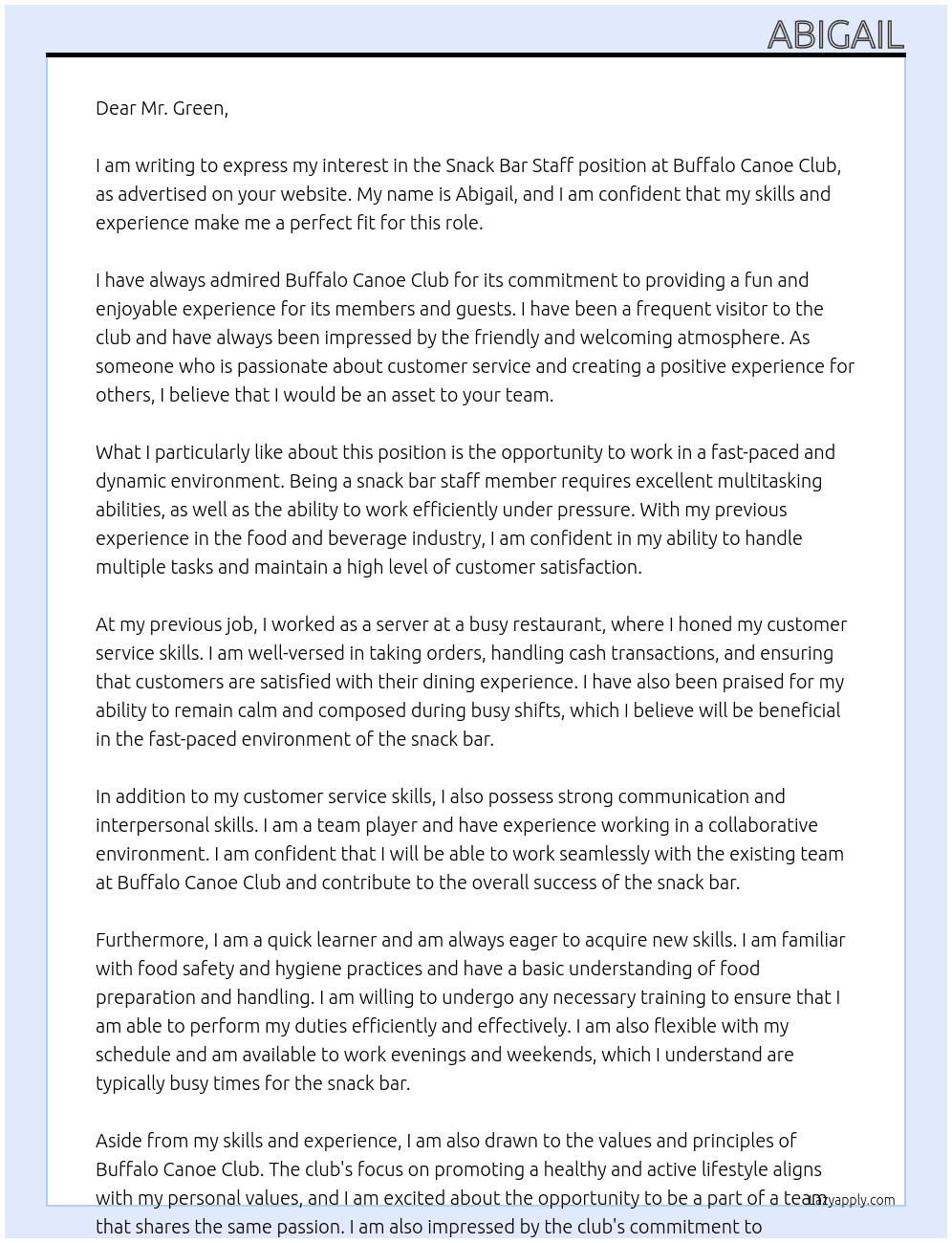 snack bar staff At Buffalo Canoe Club Cover Letter