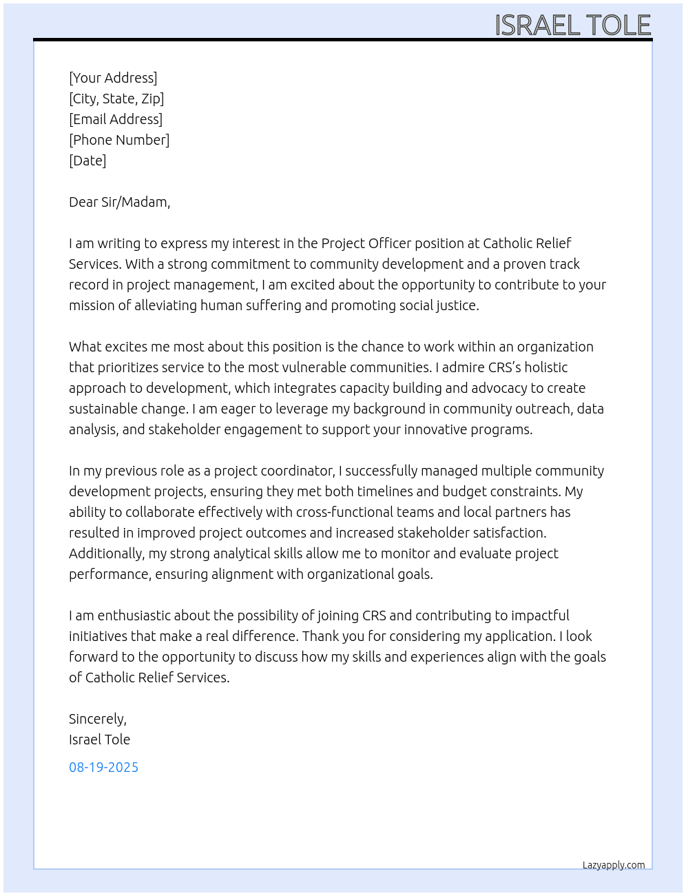 Project Officer At Catholic Relief Services Cover Letter