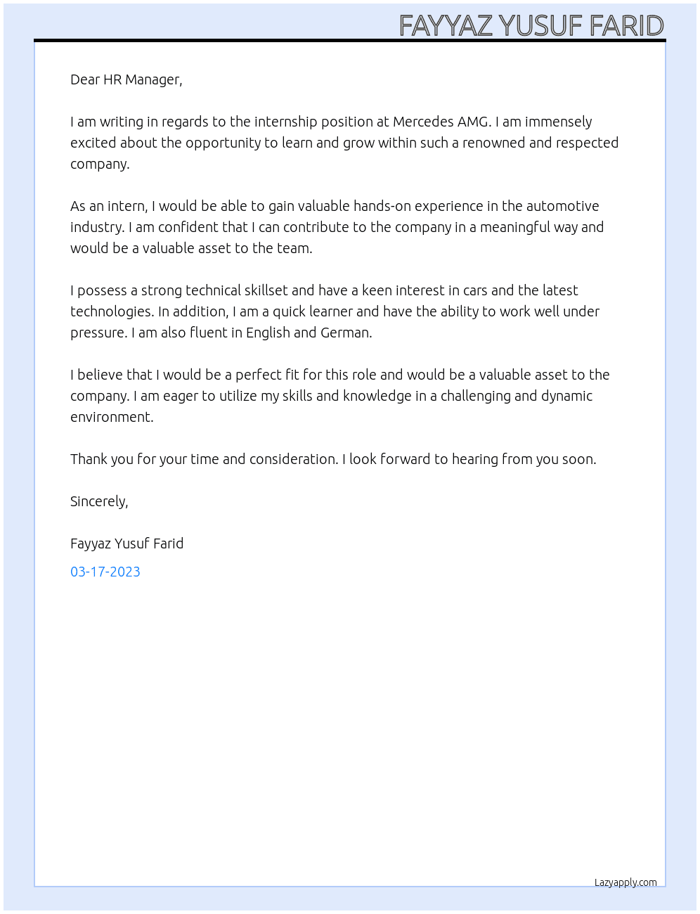 intern At MERCEDES AMG Cover Letter