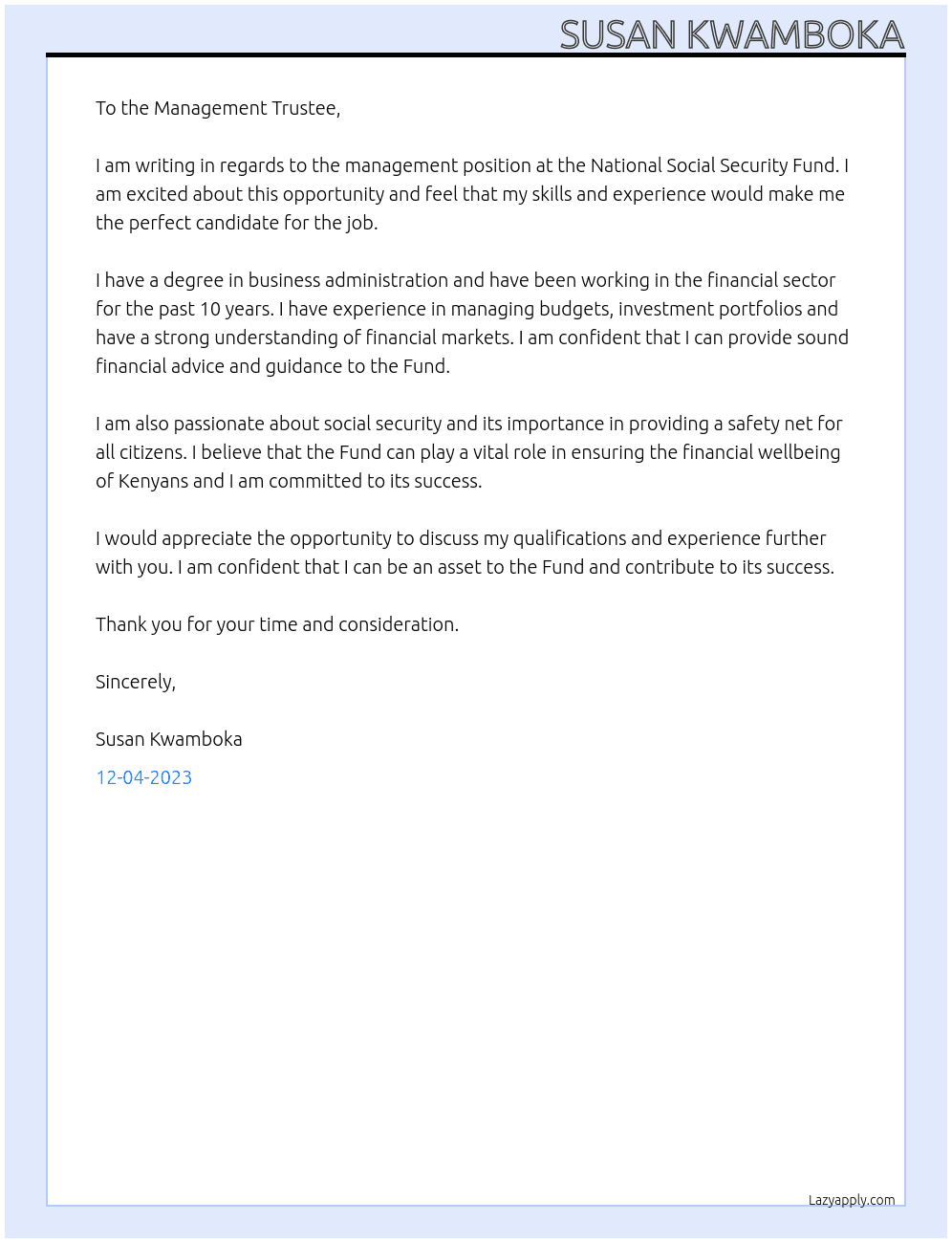 managemnet At National Social Securty Fund Cover Letter