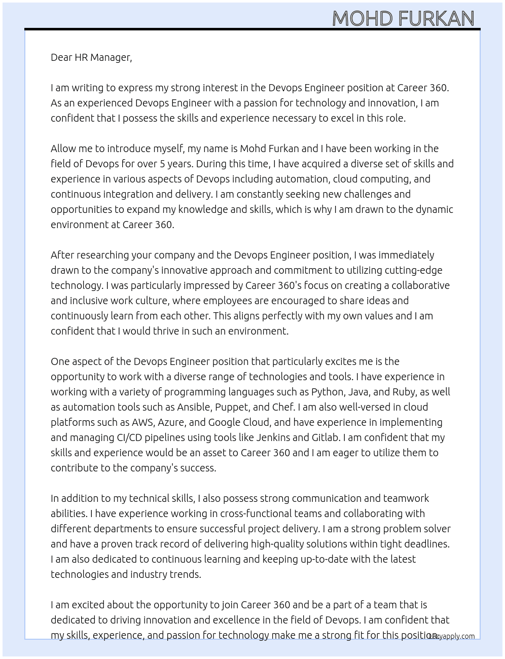 Devops engineer  At Career 360 Cover Letter