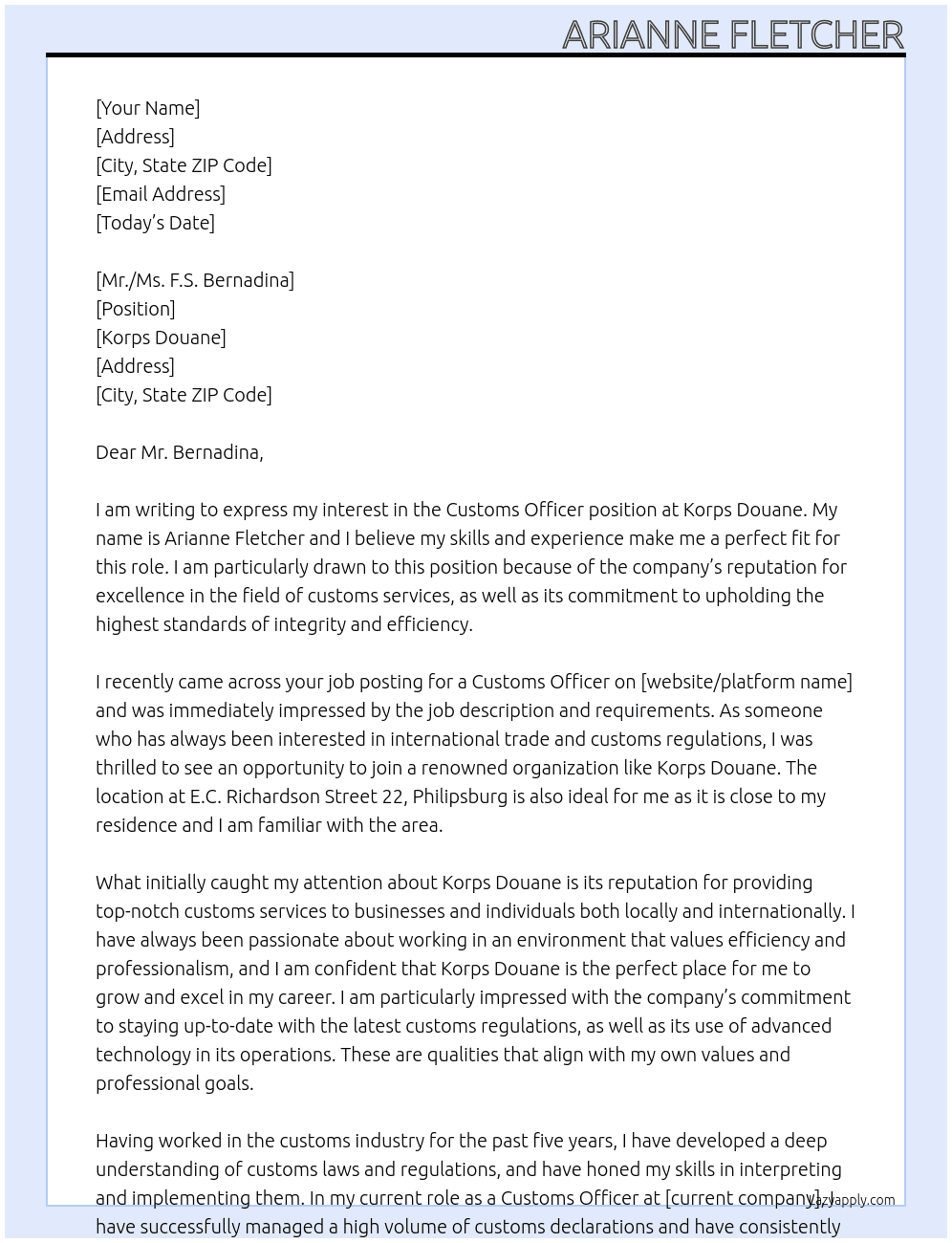Customs officer At Korps Douane Cover Letter