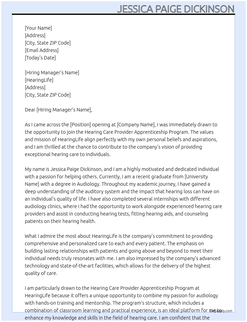 Hearing Care Provider Apprenticeship Program  At HearingLife Cover Letter
