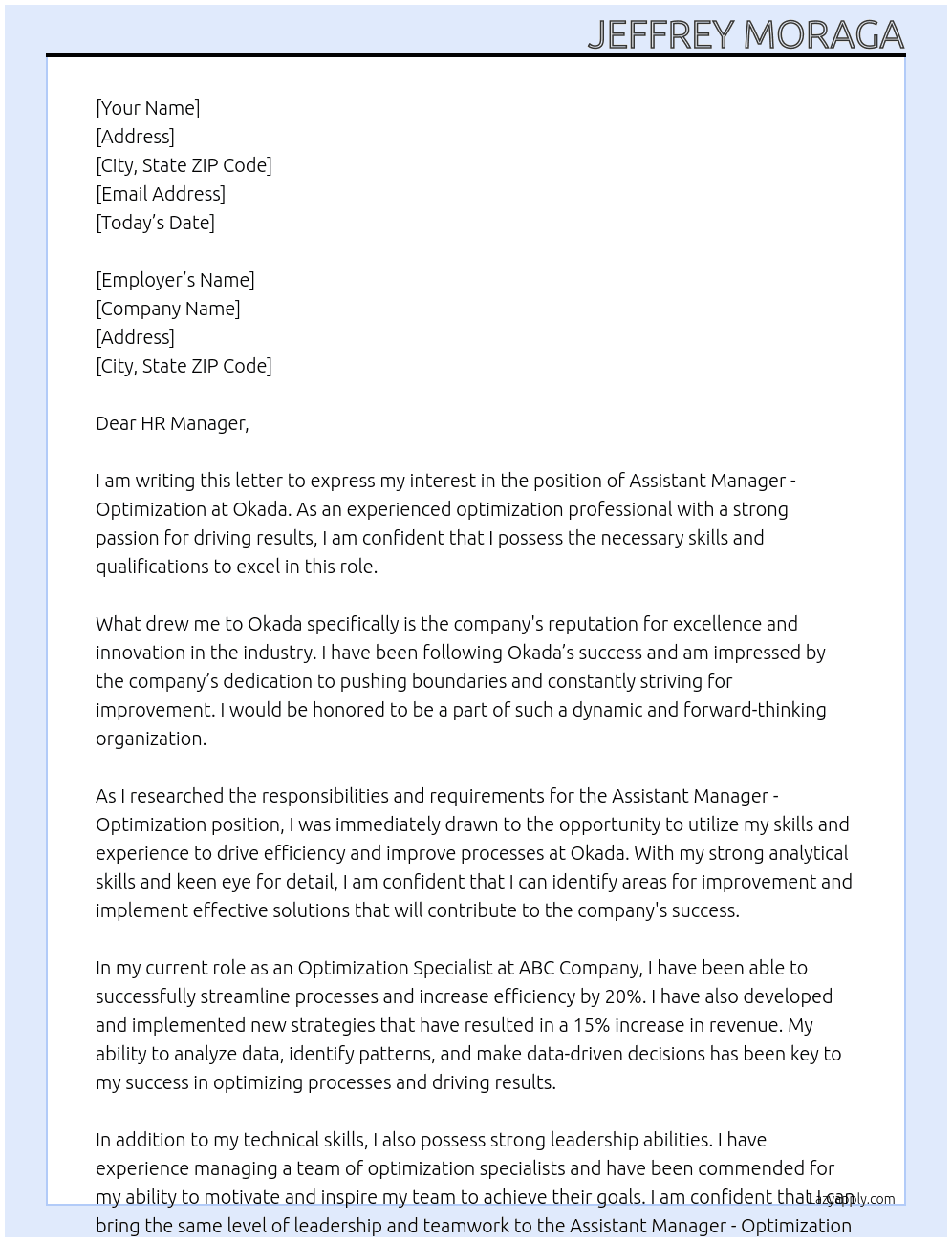 Assistant Manager - Optimization At Okada Cover Letter