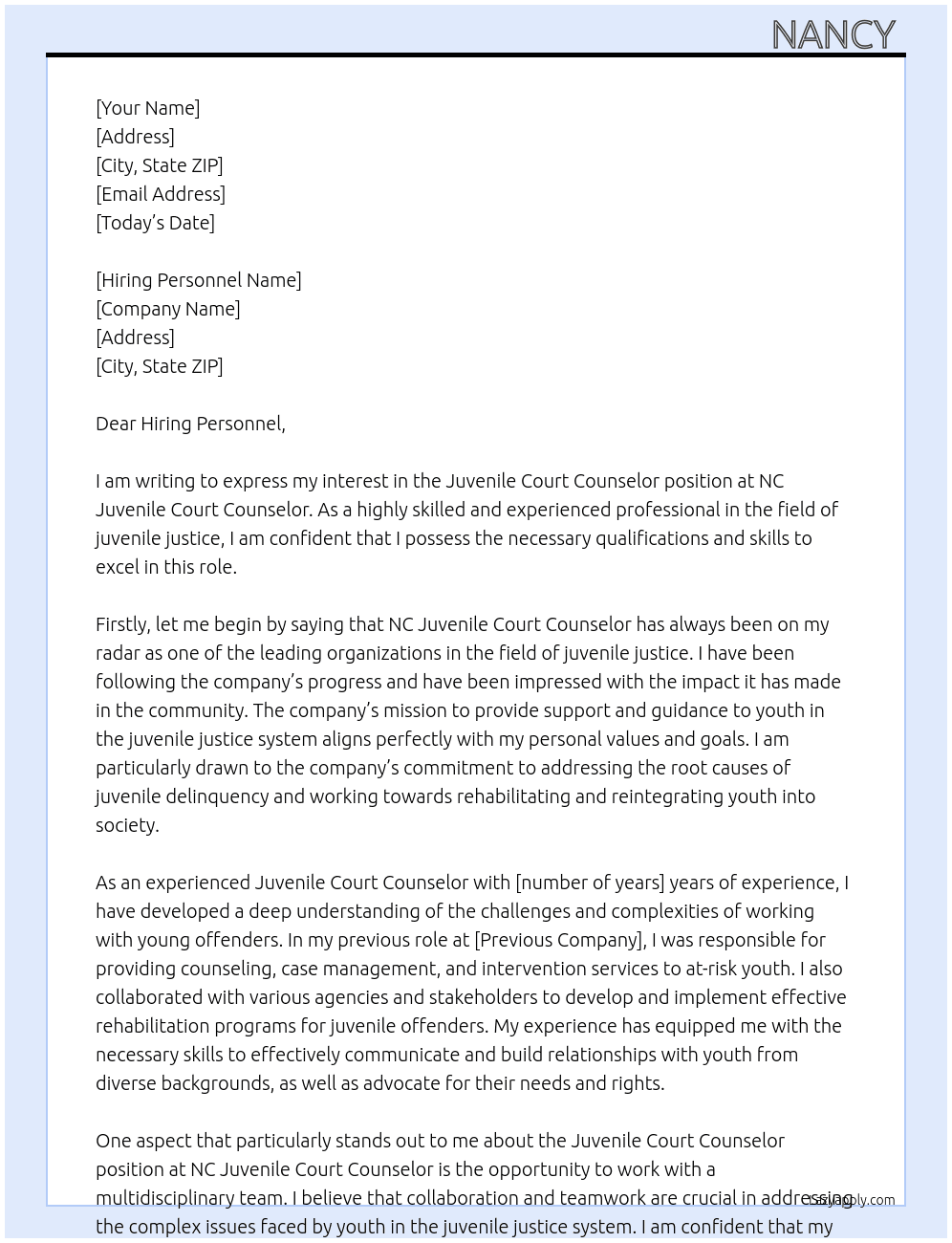 Juvenile Court Counselor  At NC Juvenile Court Counselor  Cover Letter